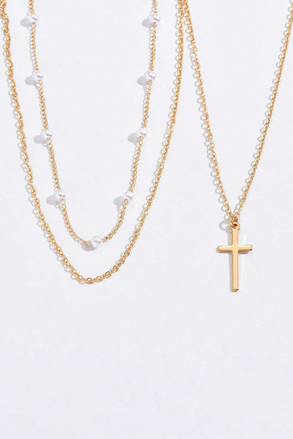 Gold Plated Cross Pendant Pearl Decor Triple Layer Chain Necklace