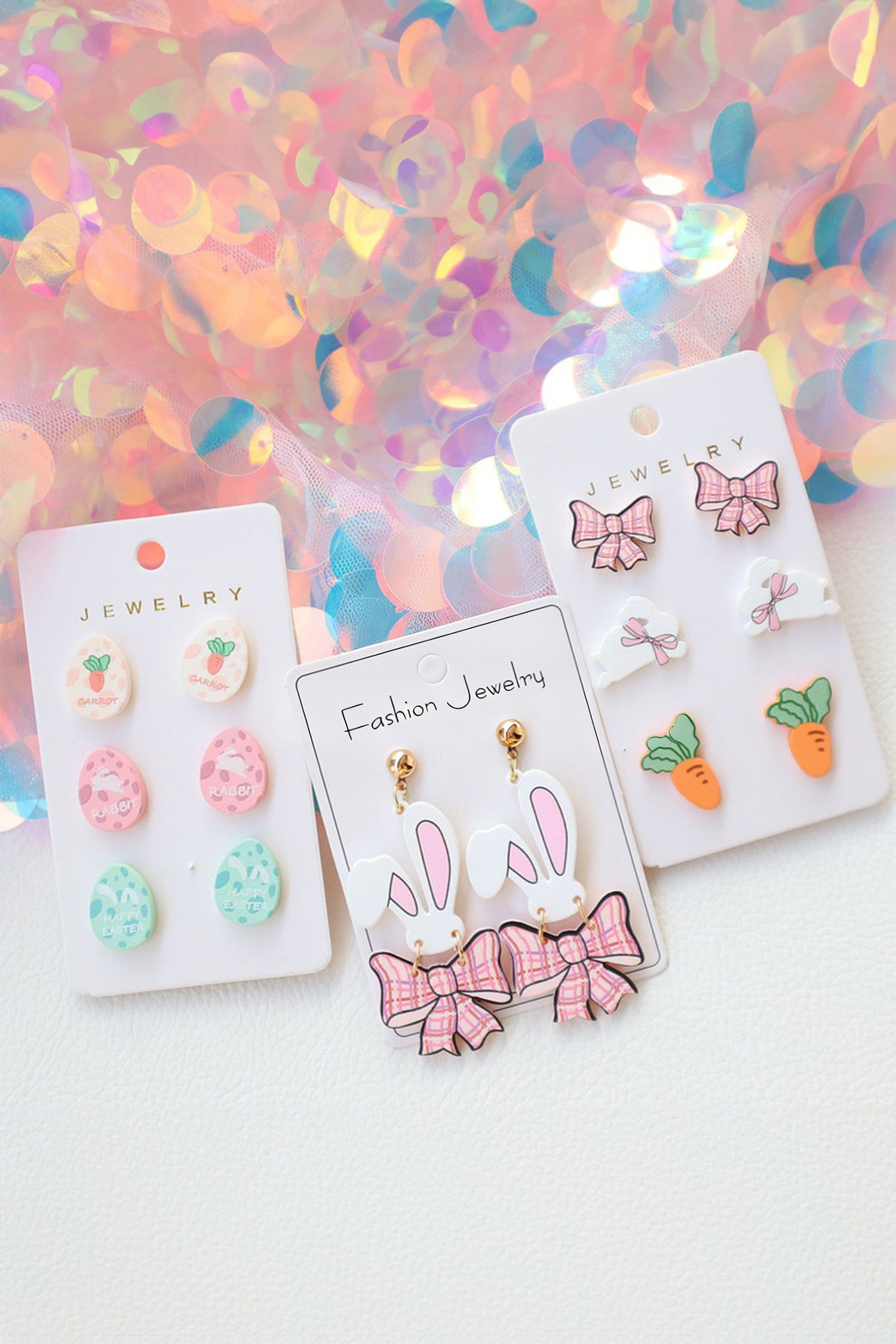 Pink Plaid Bow Easter Bunny Studded Earrings