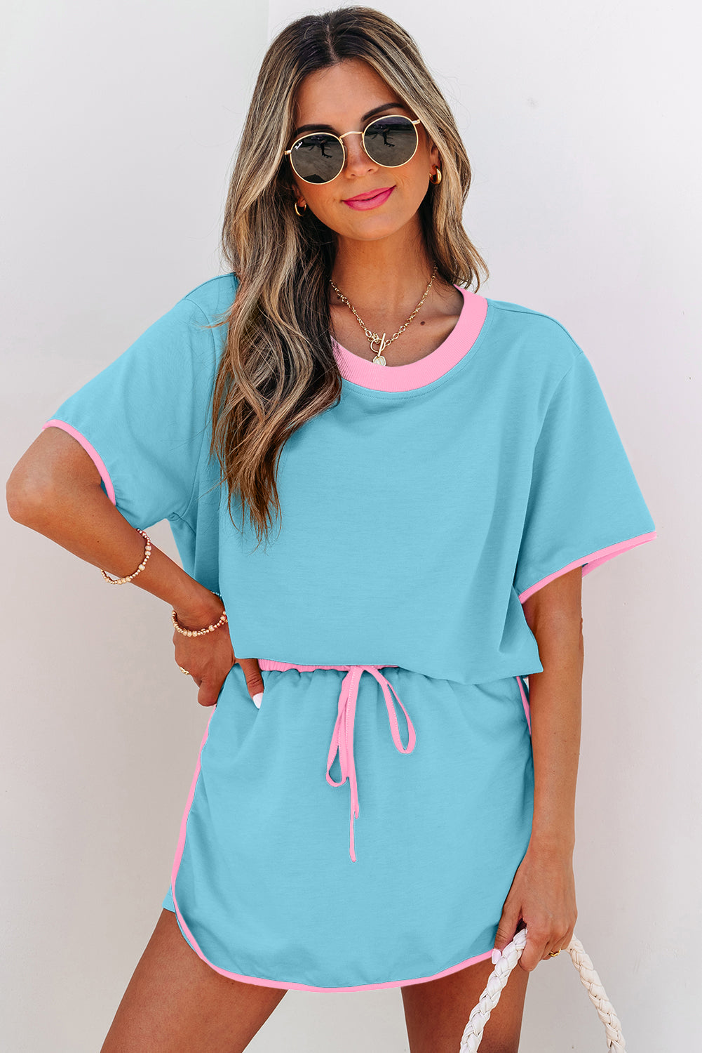 Turquoise Colorblock Edge Drop Shoulder T Shirt and Skort 2Pcs Set