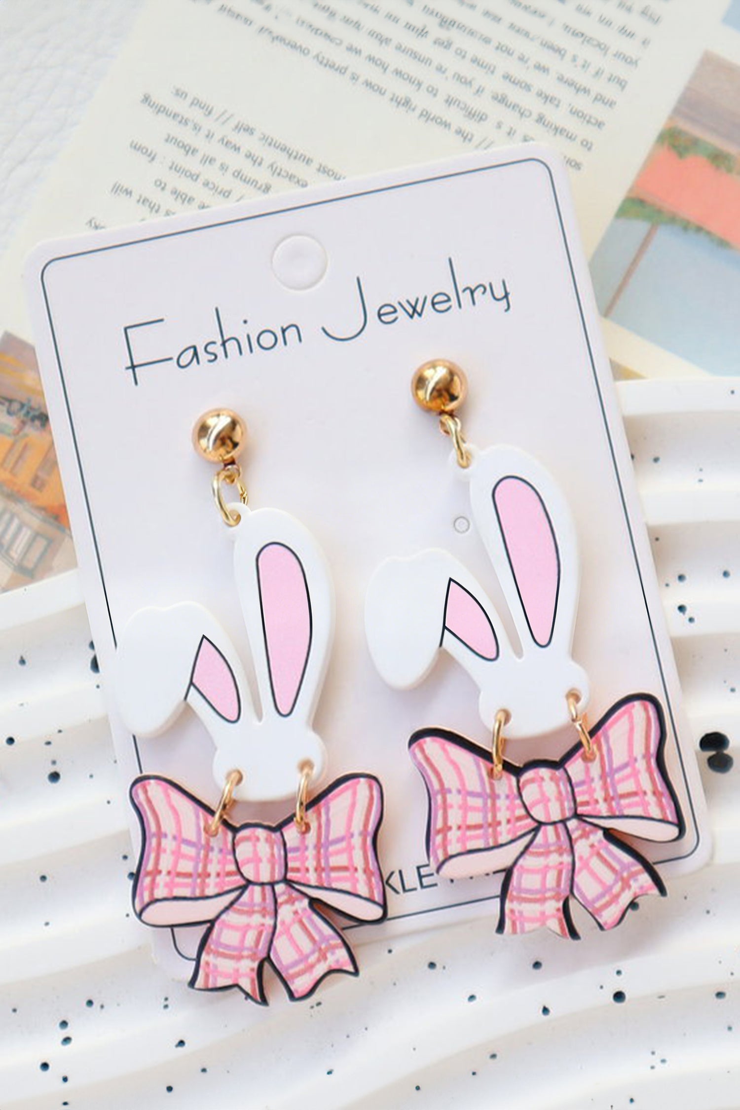 Pink Plaid Bow Easter Bunny Studded Earrings