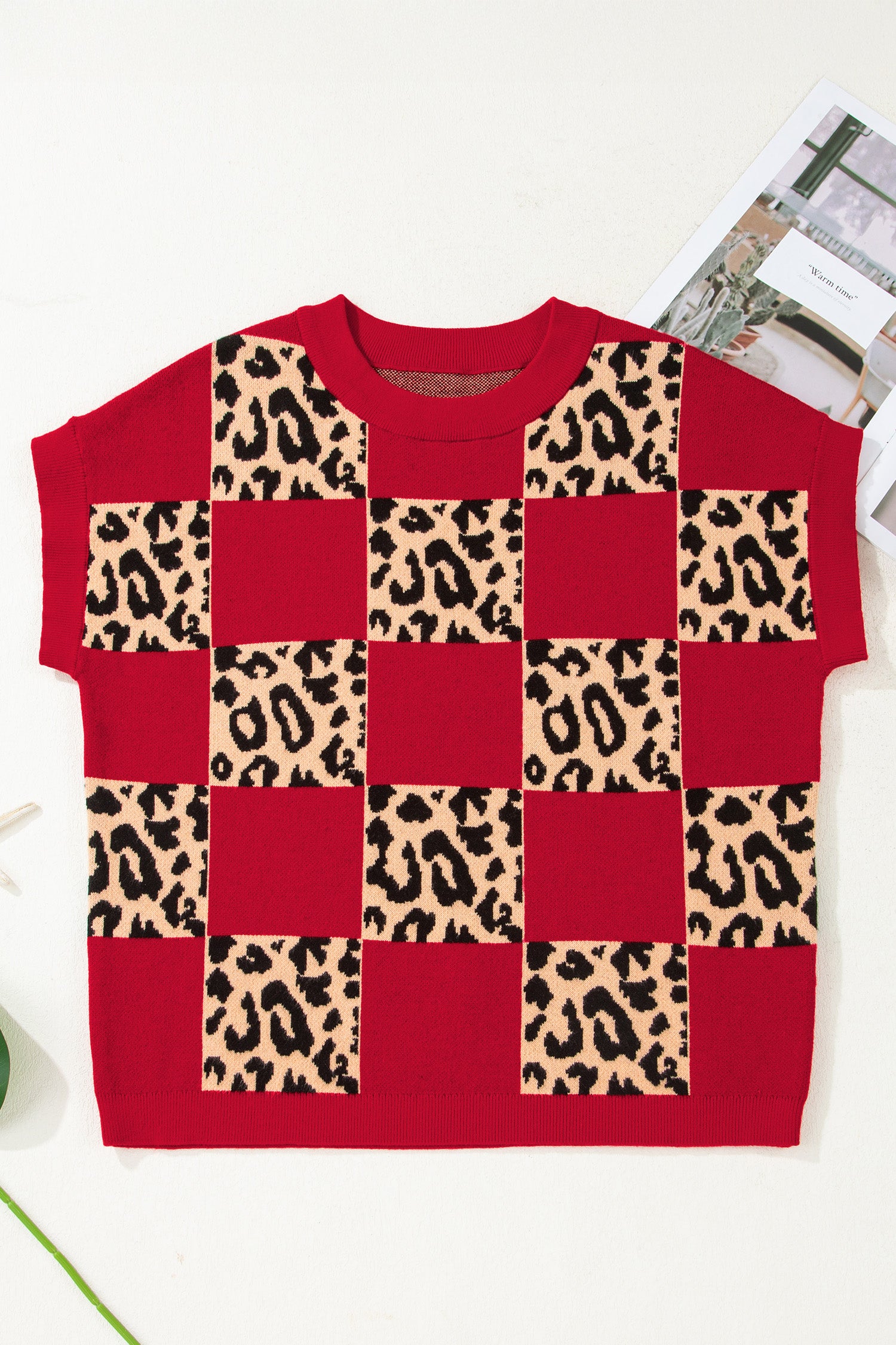 Red Leopard Checkerboard Short Sleeve Knit Sweater
