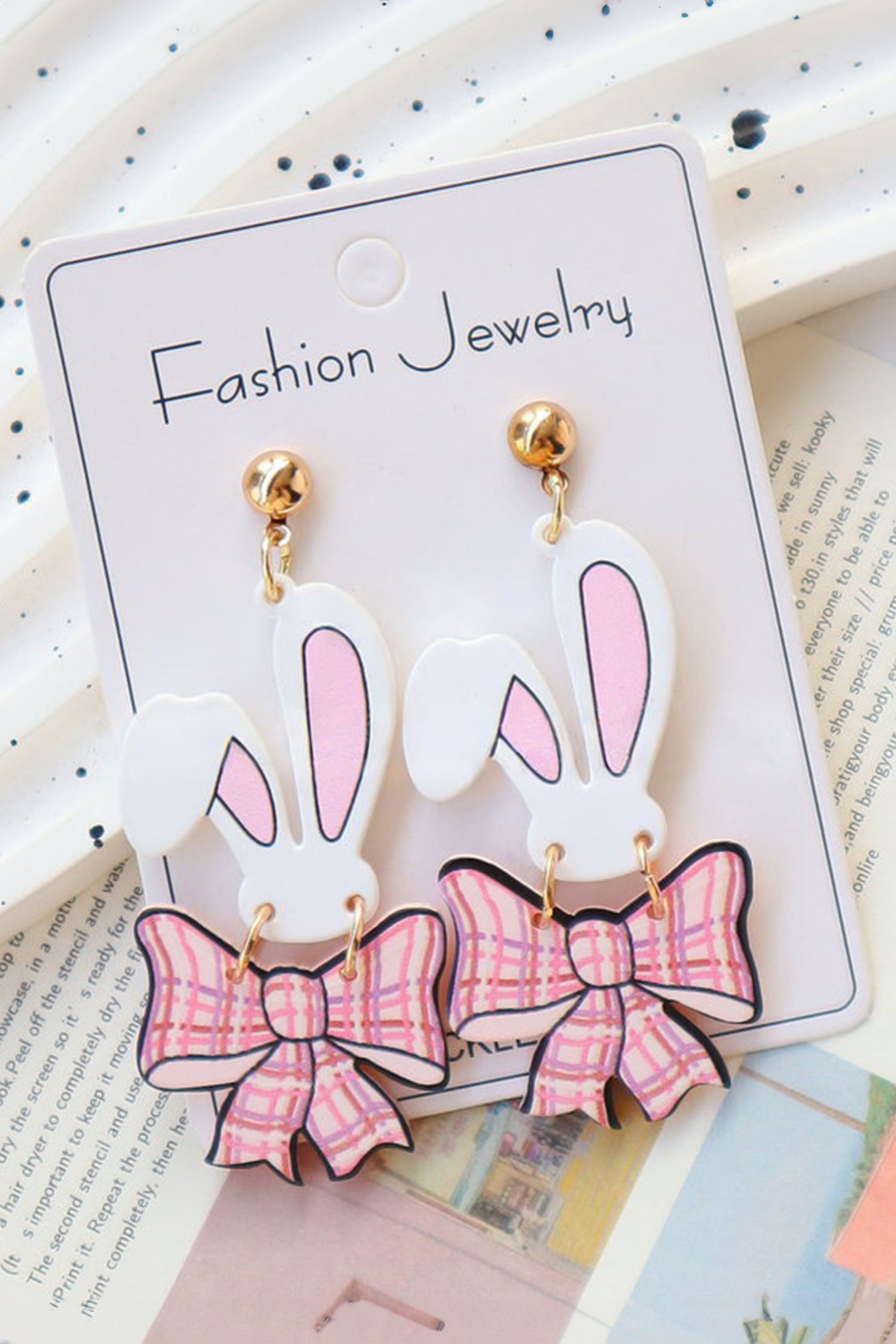 Pink Plaid Bow Easter Bunny Studded Earrings