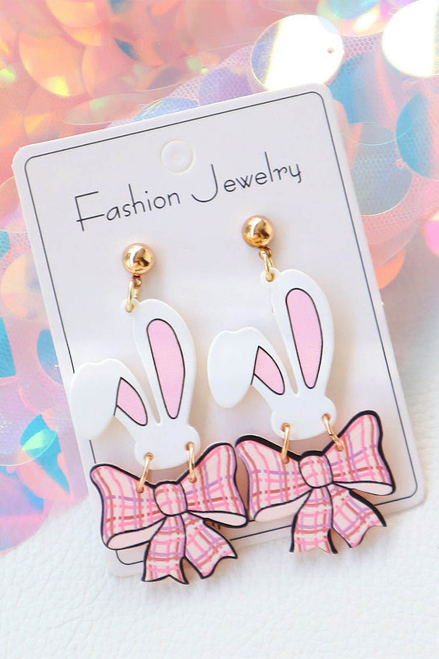 Pink Plaid Bow Easter Bunny Studded Earrings