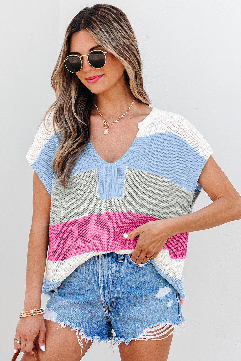 Light Blue Color Block Notch V Neck Sweater T Shirt